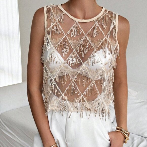 Apricot Casual Women's Mesh See Through Beaded Crop Top - Picture 4 of 6